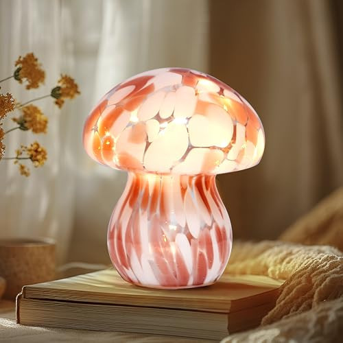 JBGIYOSG Glass Mushroom Table Lamp, 5.9" Cute LED Night Light for Home Decor, Battery Operated (3 AA), Modern Ambient Light for Living Room Bedroom Office Light Pink | Amazon (US)