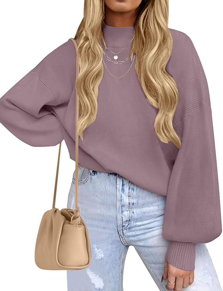 ZESICA Women's Casual Turtleneck Long Lantern Sleeve Fall 2026 Oversized Ribbed Knit Pullover Swe... | Amazon (US)