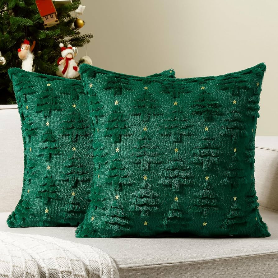 Softalker Christmas Throw Pillow Covers 18 x 18 Inch Set of 2, Xmas Winter Christmas Tree Faux Fu... | Amazon (US)