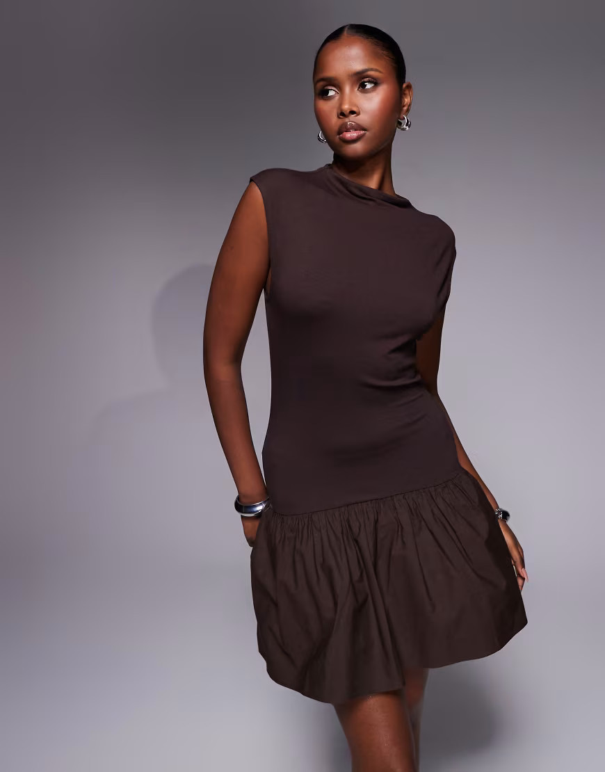 ASOS DESIGN grown on neck mini dress with poplin mix skirt in brown | ASOS (Global)