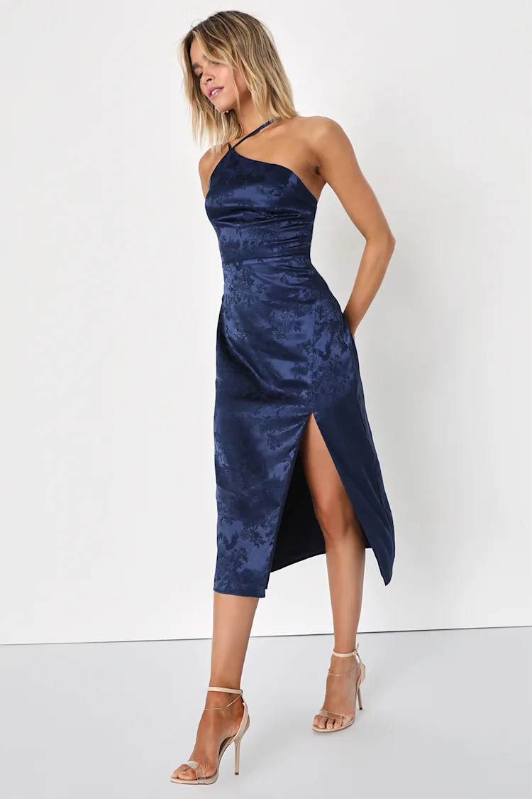 Desirable Dream Navy Blue Satin Jacquard Halter Neck Midi Dress | Lulus