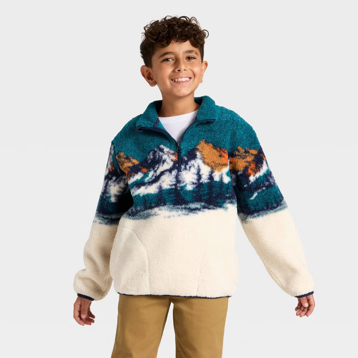 Boys' Scenic Mountain Faux Shearling Quarter Zip Jacket - Cat & Jack™ Blue | Target
