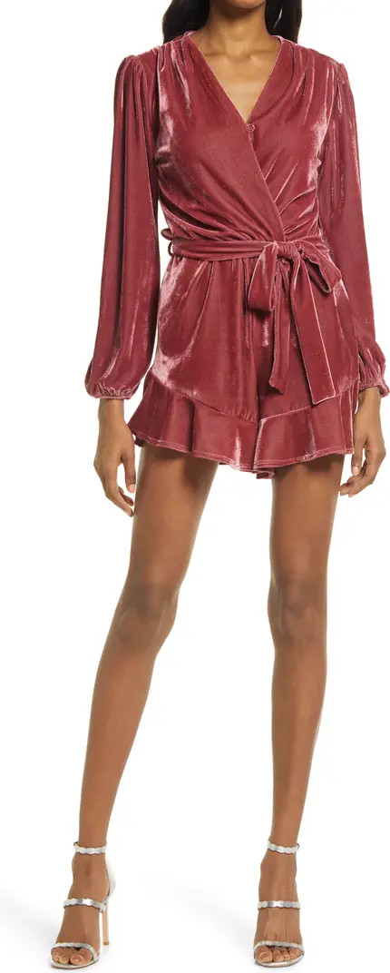 Fraiche by J Velvet Ruffle Long Sleeve Tie Waist Romper | Nordstrom | Nordstrom