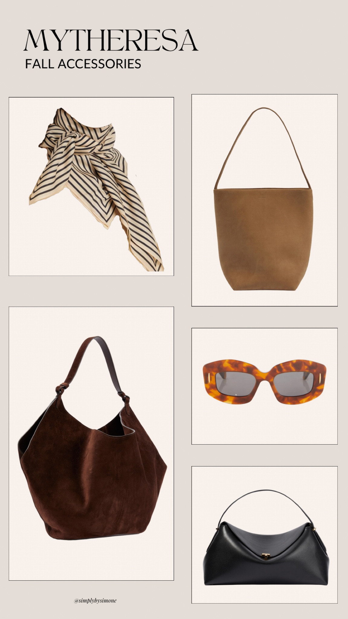 My Theresa fall accessories I love: 
Toteme Logo Silk Scarf
The Row Park Medium Leather Tote Bag
Loewe Screen Sunglasses 
Toteme t-lock medium leather tote bag 
Khaite Lotus Medium Suede Tote Bag