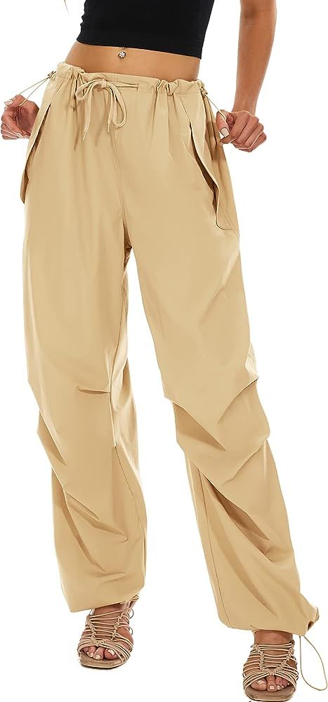 HORSSLE Parachute Pants Cargo Pants Women Baggy Y2K Drawstring Elastic Low Waist Sweatpants with ... | Amazon (US)