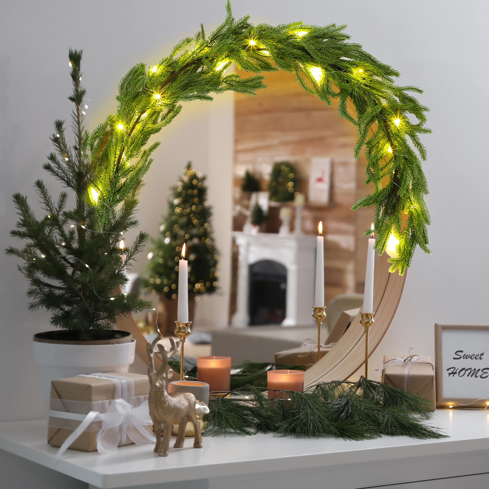 4 ft Christmas Mirror Garland with Light Artificial Norfolk Pine Cypress Garland Realistic Norfol... | Amazon (US)
