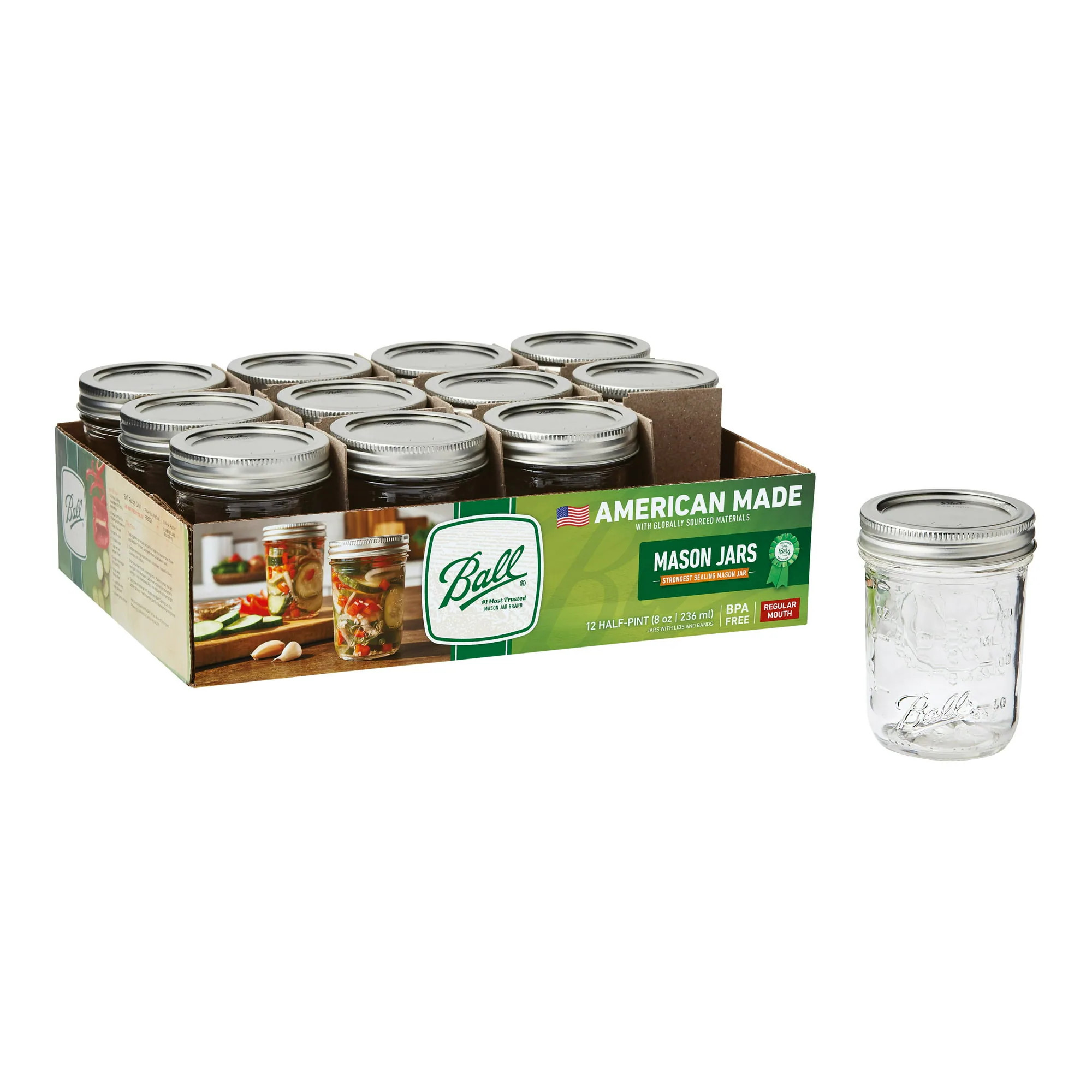 Ball Glass Mason Jars with Lids and Bands - Regular Mouth - 8 oz. Half Pint - 12 Count in Clear | 60000ZFP | Lowe's