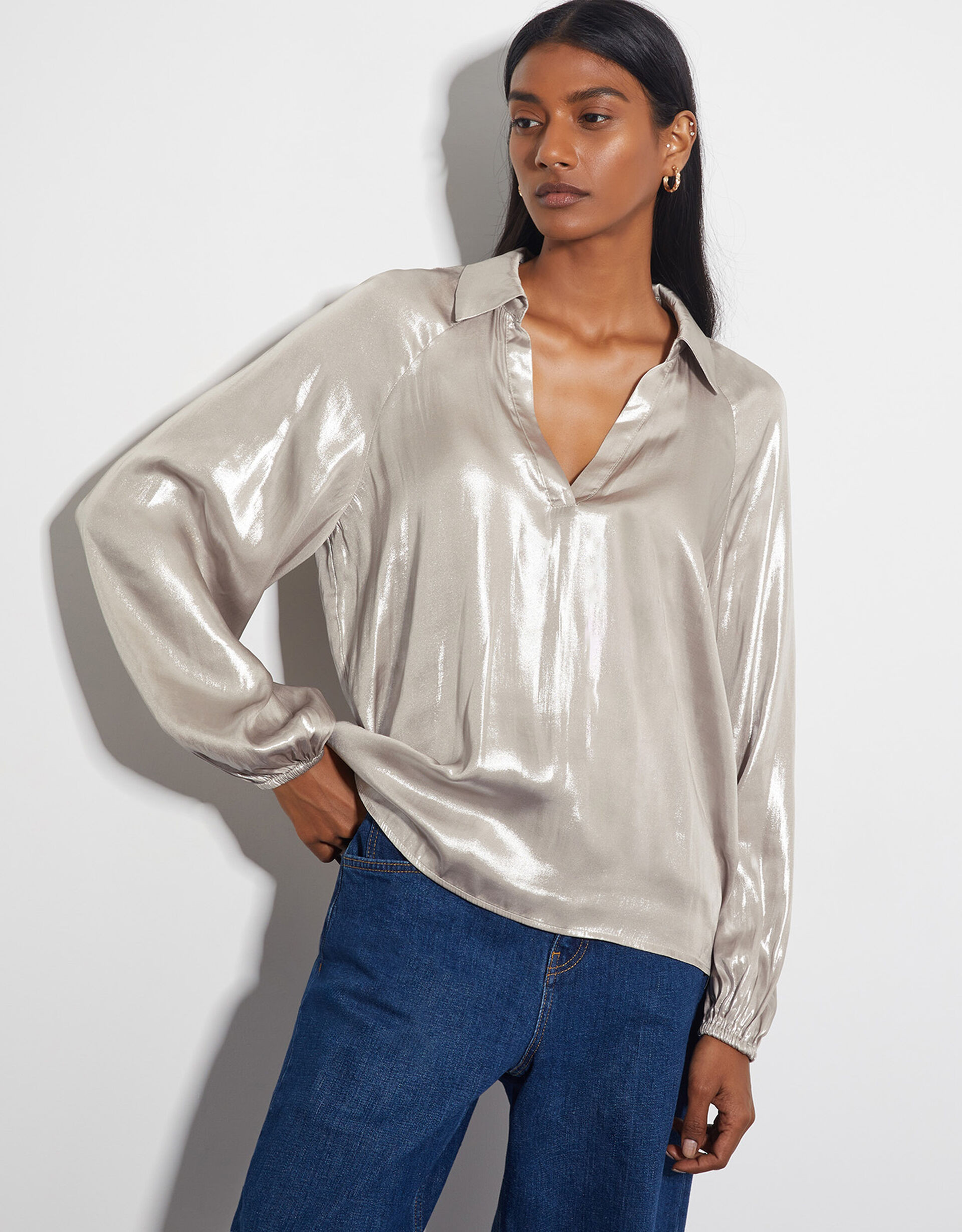 Lillie Metallic Collar Blouse Natural | Monsoon (UK)