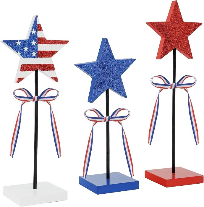 4th of July Table Decorations Wooden Star Set, 3 Pcs Memorial Day Tiered Tray Decor, Rustic Patri... | Amazon (US)