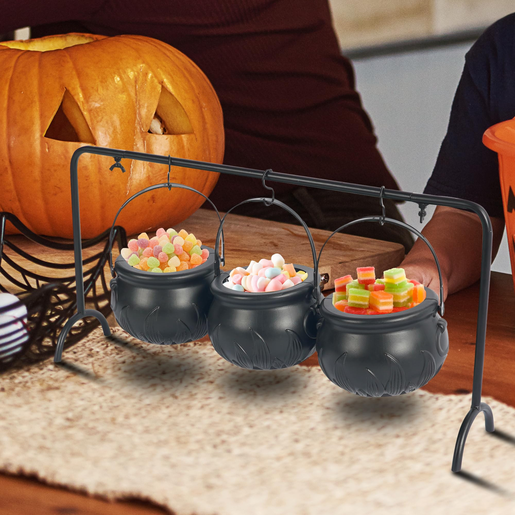 Hourleey Halloween Decorations, Set of 3 Witches Cauldron Serving Bowls on Rack, Black Plastic Ho... | Amazon (US)