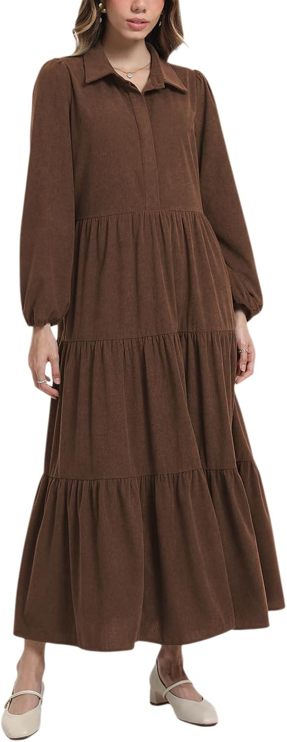 D-Sun Women Corduroy Maxi Dress Casual Long Sleeve Button Down Fall Winter Shirt Long Tiered Flowy Corduroy Dress with Pocket | Amazon (US)