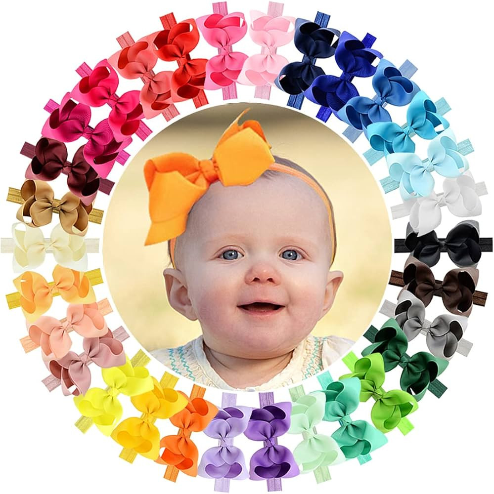 WILLINGTEE Baby Girls Headbands 4.5 Inch 30 Colors Boutique Grosgrain Ribbon Hair Bows Big Baby G... | Amazon (US)