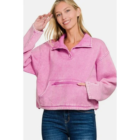 Zenana Acid Wash Fleece Half Snap Sweatshirt with Pocket | Walmart (US)
