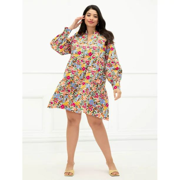 ELOQUII Elements Women's Plus Size Tiered Floral Print Easy Dress - Walmart.com | Walmart (US)