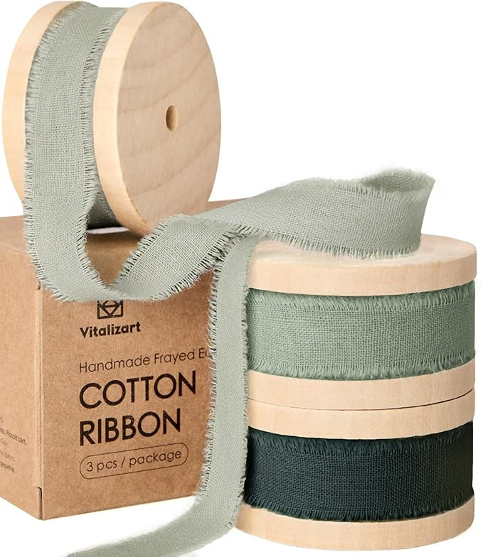 Vitalizart Green Cotton Ribbon Handmade Fringe 5/8" x 21 Yd Sage Pure Natural Cotton Ribbons for ... | Amazon (US)