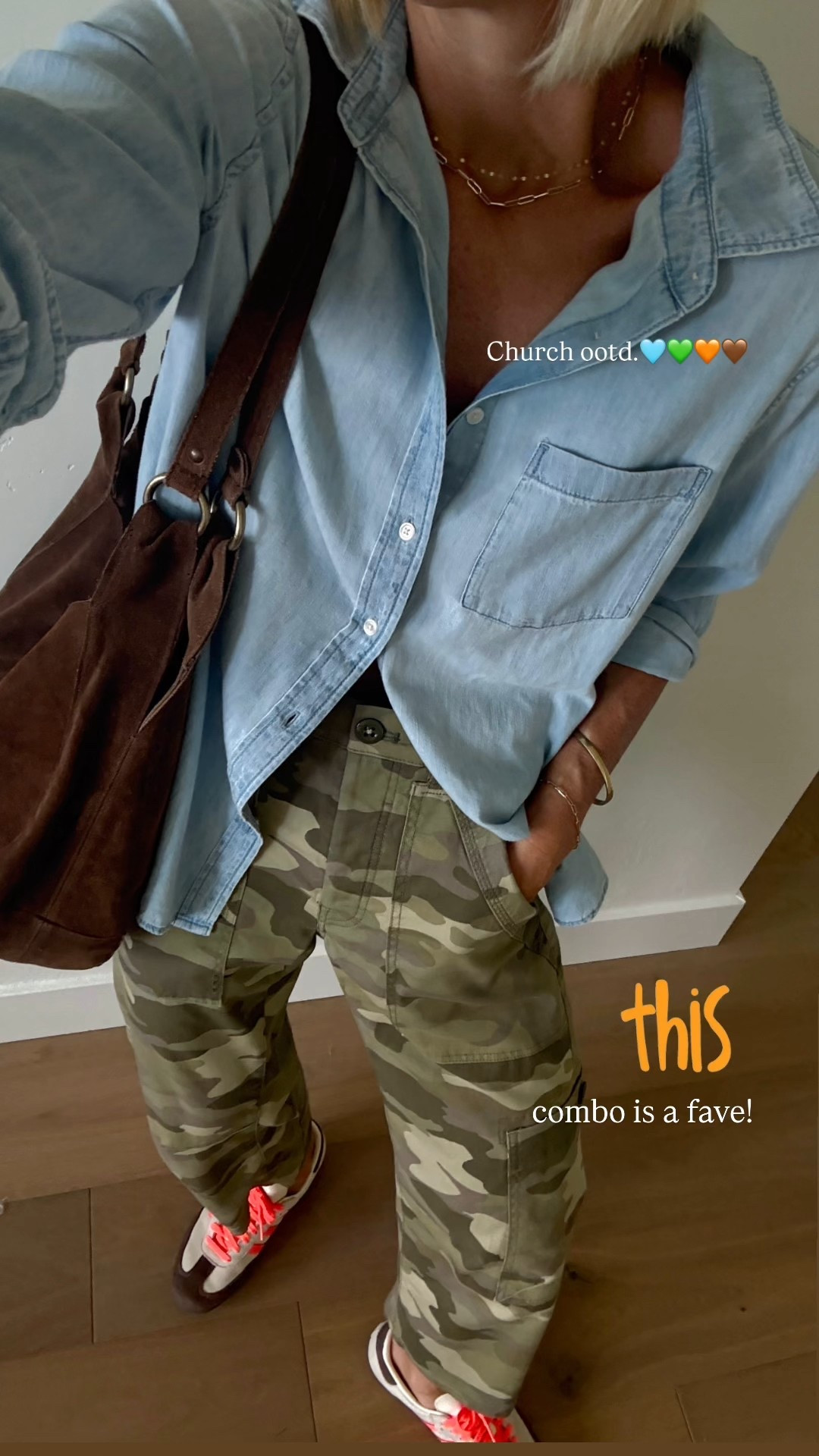 Classic + on-trend easy outfit idea.
I sized up to a large in this denim/cotton button down (get it while it’s 40% off), new version of these camo pants just dropped- fit tts, 🧡sneakers size down 1/2 size, gorgeous brown suede bag

#LTKFindsUnder50 #LTKOver40 #LTKSaleAlert