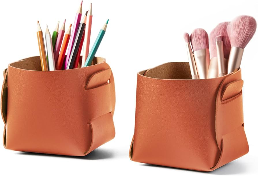 HOMIEAZICOZI 2-Pack Cork Leather Desk Accessories Storage - Pencil Pen Holder - Makeup Brush Hold... | Amazon (US)