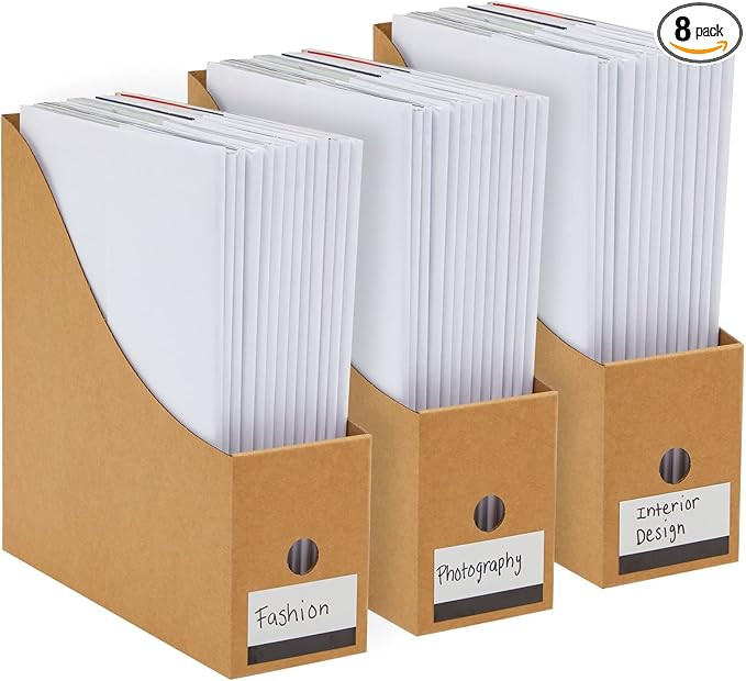 8 Pack Kraft Cardboard Magazine Holder with Labels for Bookshelf, Desktop File Organizer for Docu... | Amazon (US)