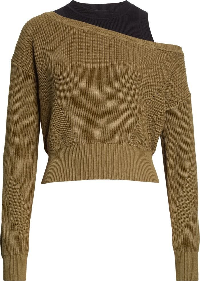 Veronica Beard Prescott Layered Look Cold Shoulder Sweater Khaki Sweater Sweaters Fall Outfits 2022 | Nordstrom