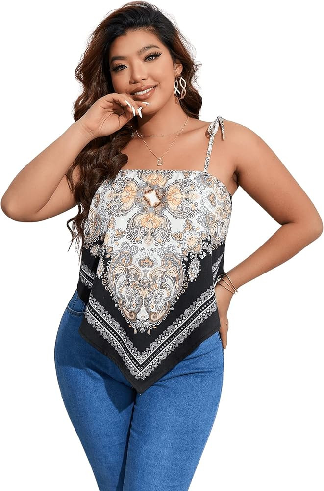 Floerns Women's Plus Size Boho Printed Tie Shoulder Sleeveless Hanky Hem Cami Top | Amazon (US)