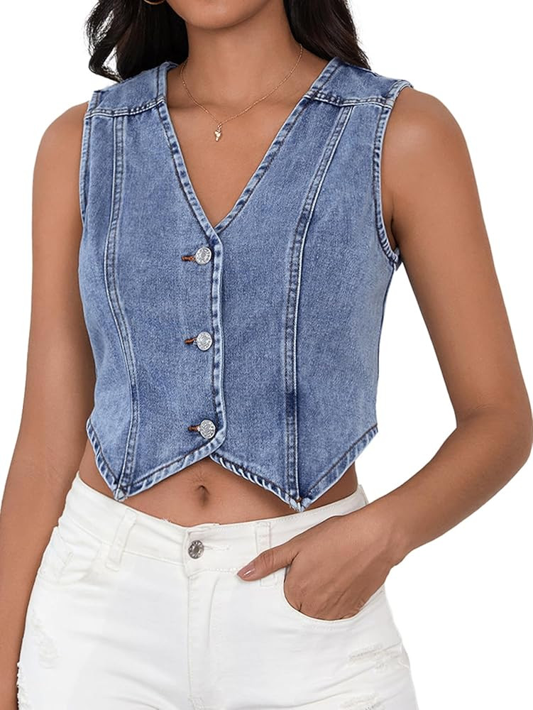 SHENHE Women's Denim Vest Button Down Sleeveless Jean Vest Top Y2K Cropped Denim Top Summer Weste... | Amazon (US)