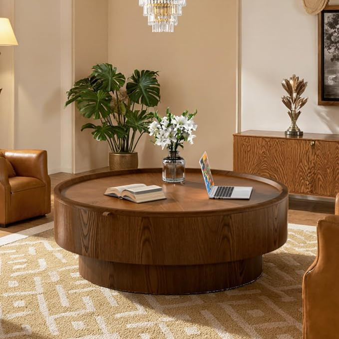 JHKZUDG Round Coffee Table with Hidden Storage, (Walnut,31.5") | Mushroom-Shaped Wooden Coffee Ta... | Amazon (US)