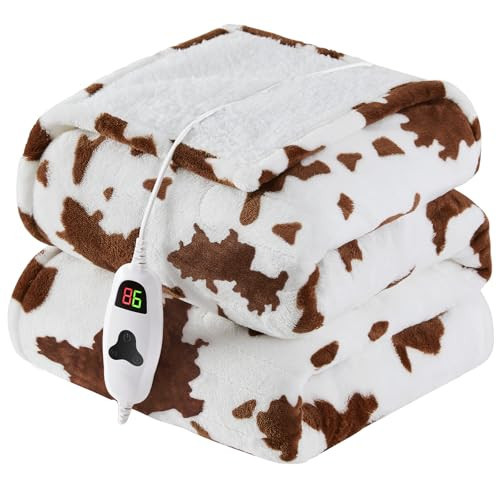 Cow Print Heated Electric Blanket Throw,50X60 Brown Heating Blanket with 10 Heats Levels & 8 Hours Auto Off, Western Highland Cow Decor Stuff Fleece Sherpa Blankets Warmer Gifts for Women Adults | Amazon (US)