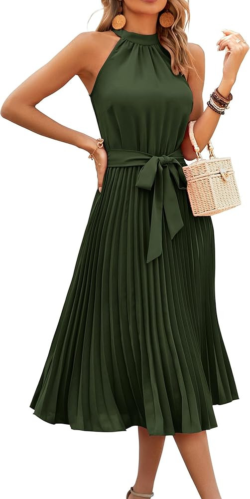 KIRUNDO Women's 2023 Summer Sleeveless Halter Neck Pleated Midi Cocktail Dresses A Line Flowy Bea... | Amazon (US)