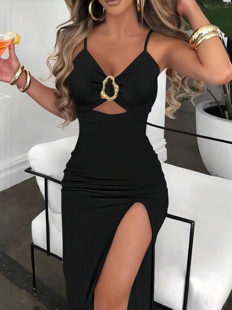 INAWLY Sexy Bodycon Front Ruched Metal Button High Slit Spaghetti Strap Long Dress, Elegant Holiday Ladies Dress
4.66
700+ sold
 | SHEIN