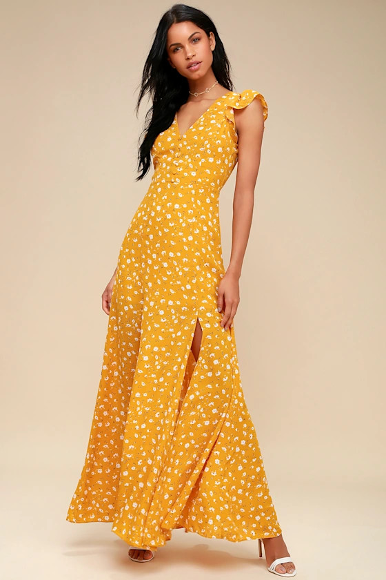 Fresh Picked Mustard Yellow Floral Print Backless Maxi Dress | Lulus (US)