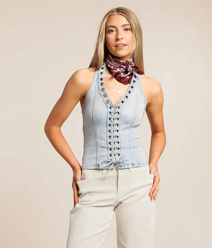 Cropped Denim Halter Tank Top | Buckle