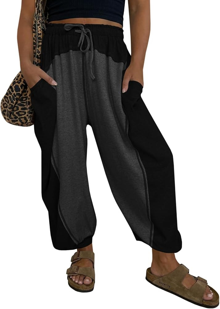 Fisoew Womens Baggy Wide Leg Harem Barrel Pants Casual Elastic Waist Drawstring Color Block Worko... | Amazon (US)