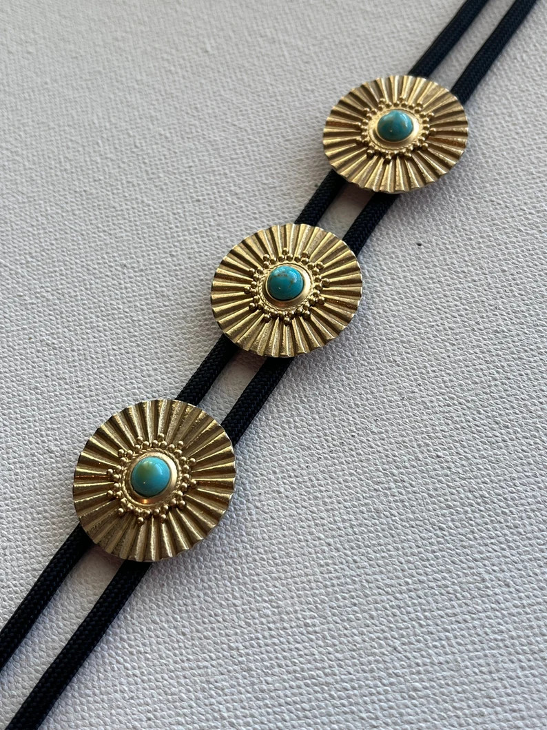 Triple brass and Turquoise stone sunburst bolo tie necklace | Etsy (US)