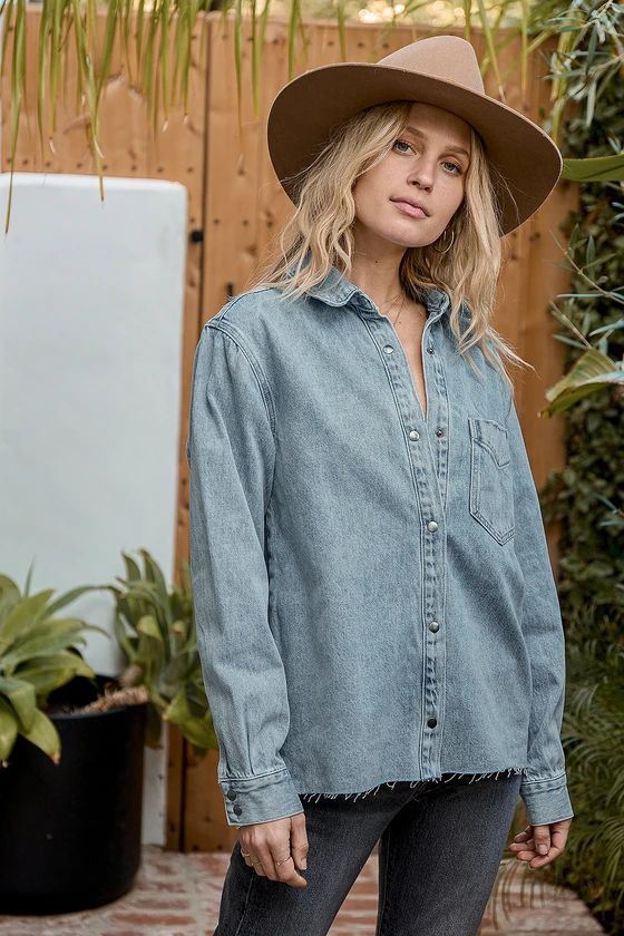 On Record Light Wash Denim Long Sleeve Button-Up Top | Lulus (US)