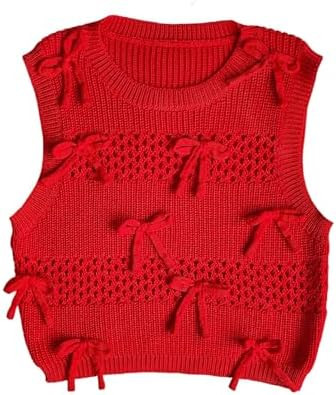 WDIRARA Women's Bow Sweater Vest Crochet Crew Neck Sleeveless Crop Knit Tank Tops       Send to L... | Amazon (US)