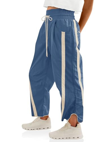 Fisoew Women's Baggy Wide Leg Pants Casual Drawstring Elastic Waisted Contrast Color Workout Y2K Track Pants Blue | Amazon (US)