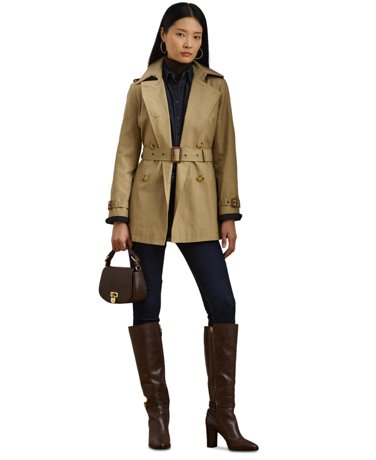 Lauren Ralph Lauren Women's Short Double-Breasted Belted Trench Coat - Birch Tan | Macy's