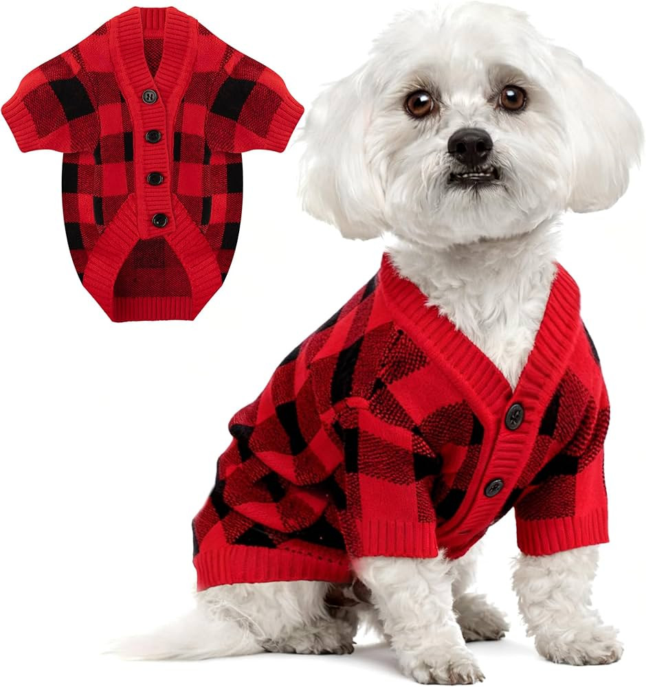 Dog Christmas Sweater Red Plaid Cardigans Dog Christmas Outfit Soft Warm Knitted Pet Clothes Cold... | Amazon (US)
