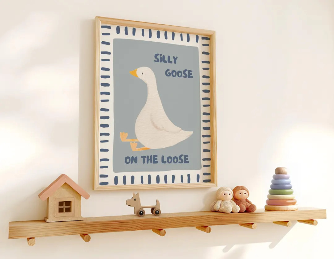 Silly Goose Wall Art Printable for Boys Nursery Blue Farm Animal Poster Cute Goose Illustration K... | Etsy (US)