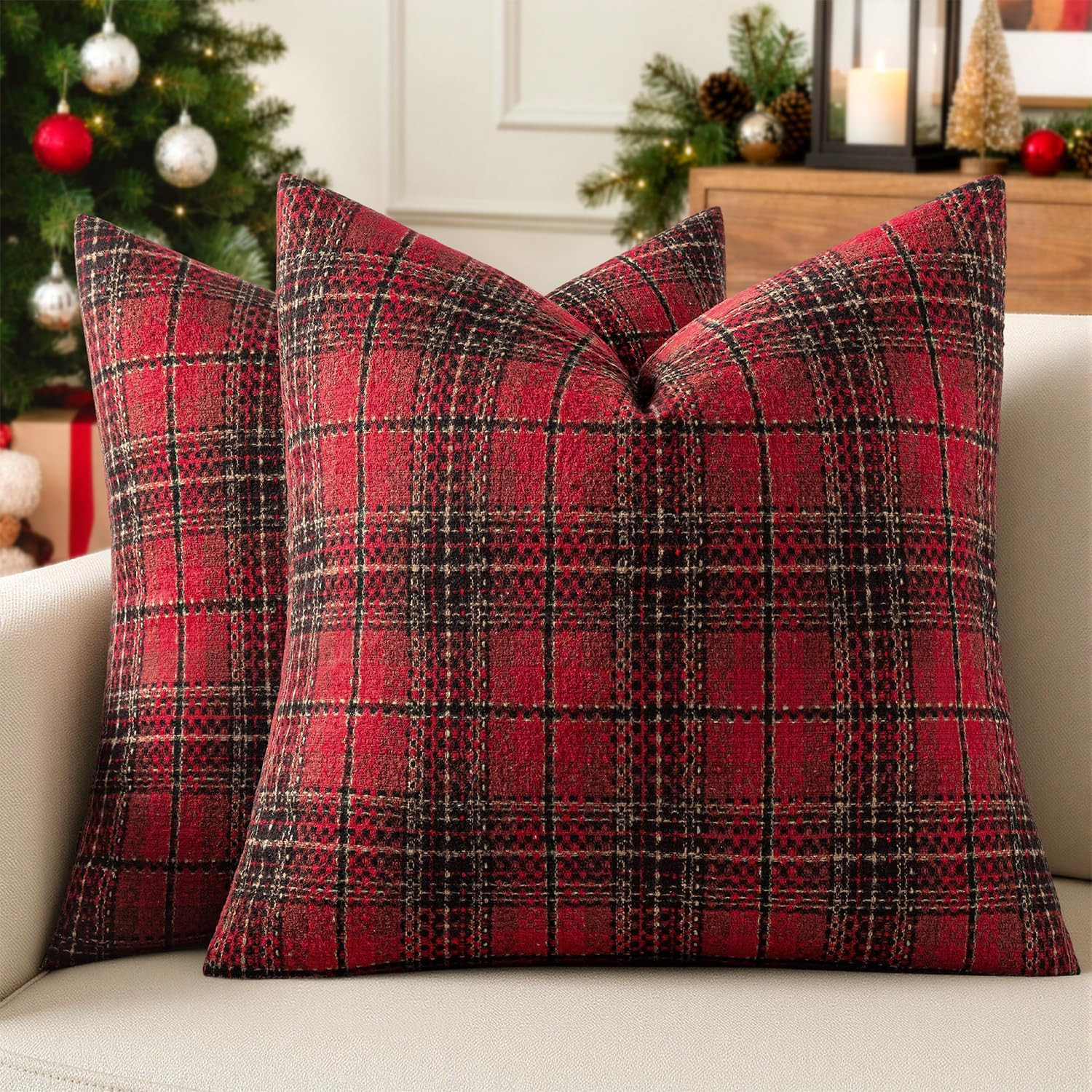 MIULEE Tartan Plaid Throw Pillow Covers Christmas 18x18 Inch Red | Amazon (US)