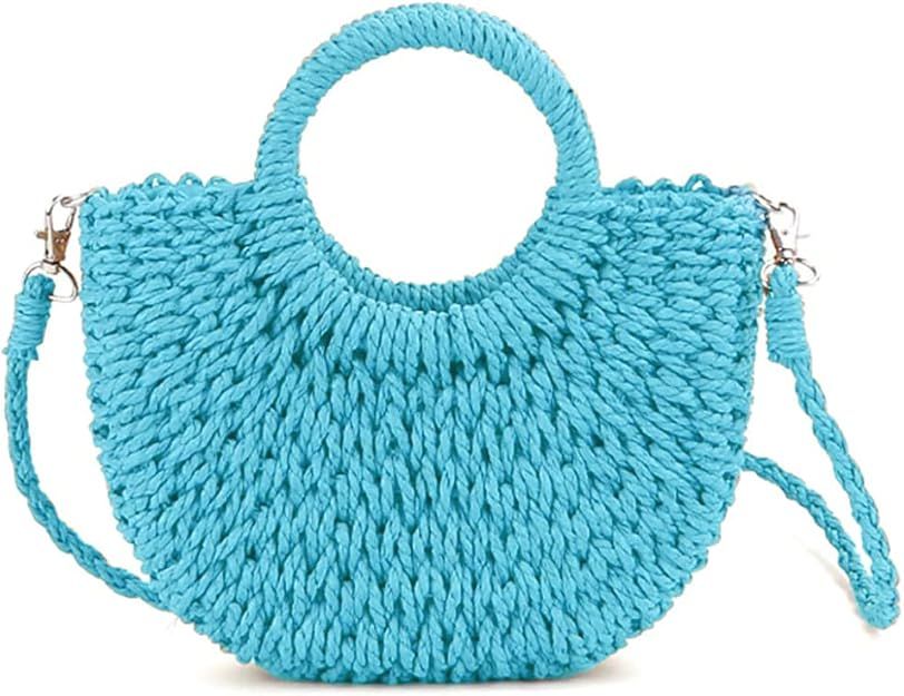 QTKJ Mini Semi-circle Rattan Straw Bag, Hand-woven Women Summer Retro Beach Tote Shoulder Bag Cro... | Amazon (US)