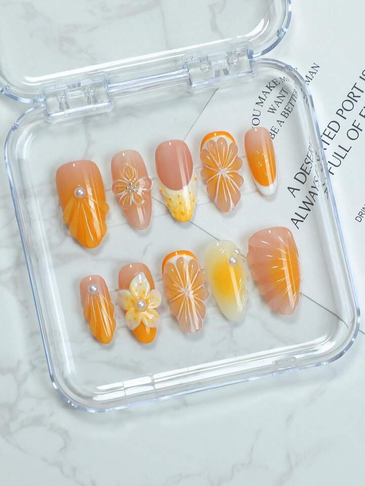 10pcs Handmade Nails Almond Press On Nails French Tips Nails Fruit 3D Orange And Flower Art Gradi... | SHEIN