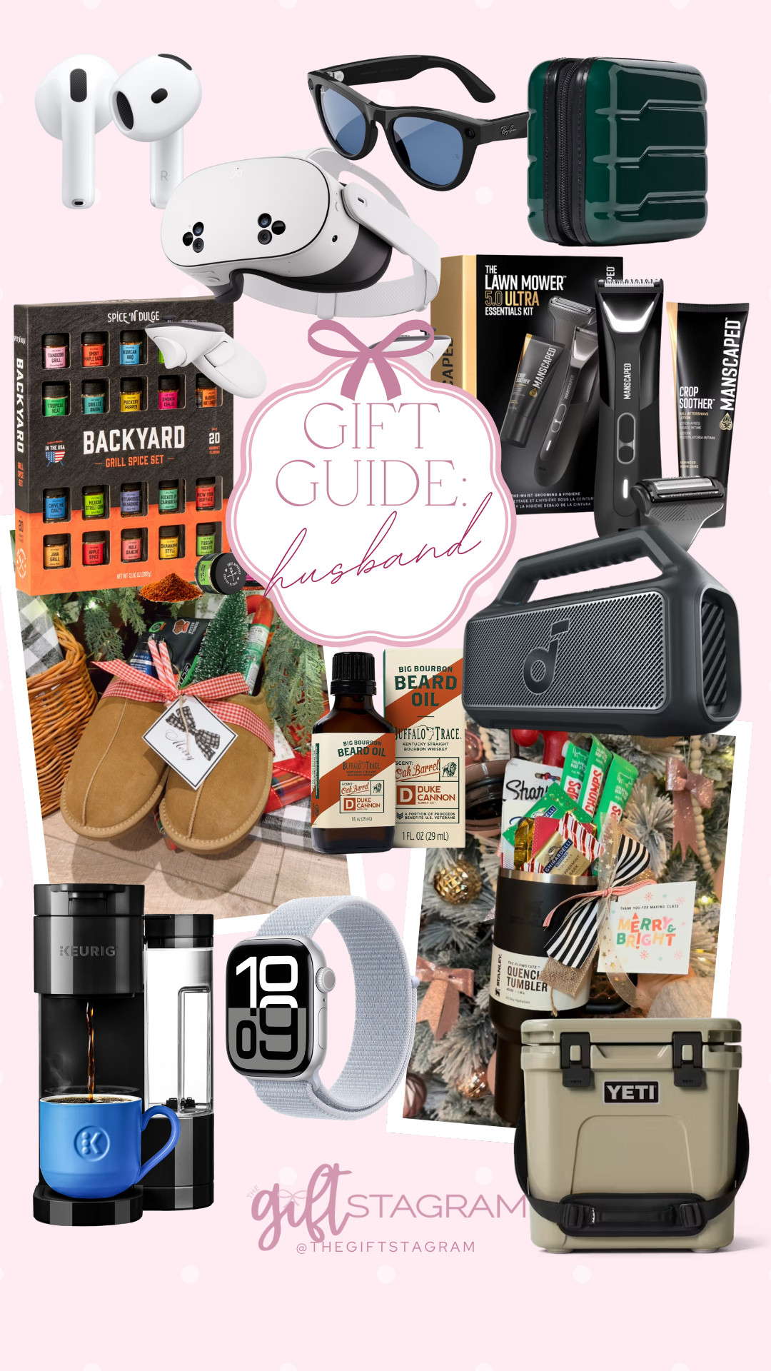 Gift guide for your husband: airpods, AR glasses, AI glasses, drop kit, spice gift set, manscape kit, stuffed clog slippers, portable speaker, beard balm, stuffed Stanley cup, small coffee maker, Apple watch, YETI cooler 

 #LTKCyberWeek #LTKGiftGuide #LTKHoliday