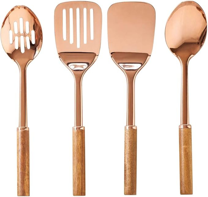 Rose Gold and Timber Kitchen Utensils by CIROA | Set of 4 Gold and Wood Cooking Tools for Serving | Amazon (US)