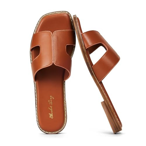 Elisabet Tang Retro Summer Trendy Flat Sandals for Women Fashion - Leather Beach Slide Slipper Comfort Daily Outdoor brown 8 | Amazon (US)