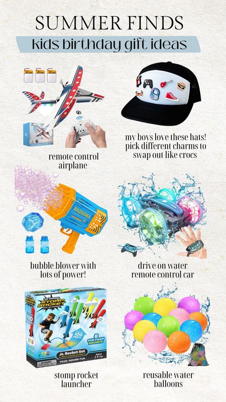 Kids summer birthday gift ideas ✨ these make great gifts for summer birthdays you have coming up - my boys love all of these!

Kids gift idea, little boy gift idea, kids birthday gifts, summer birthday gifts, boy birthday gifts, boys gift, amazon finds, amazon, reusable water balloons, stomp rocket launcher, remote control water car, remote control airplane, bubble gun, Christine Andrew 

#LTKSeasonal #LTKKids #LTKFindsUnder50