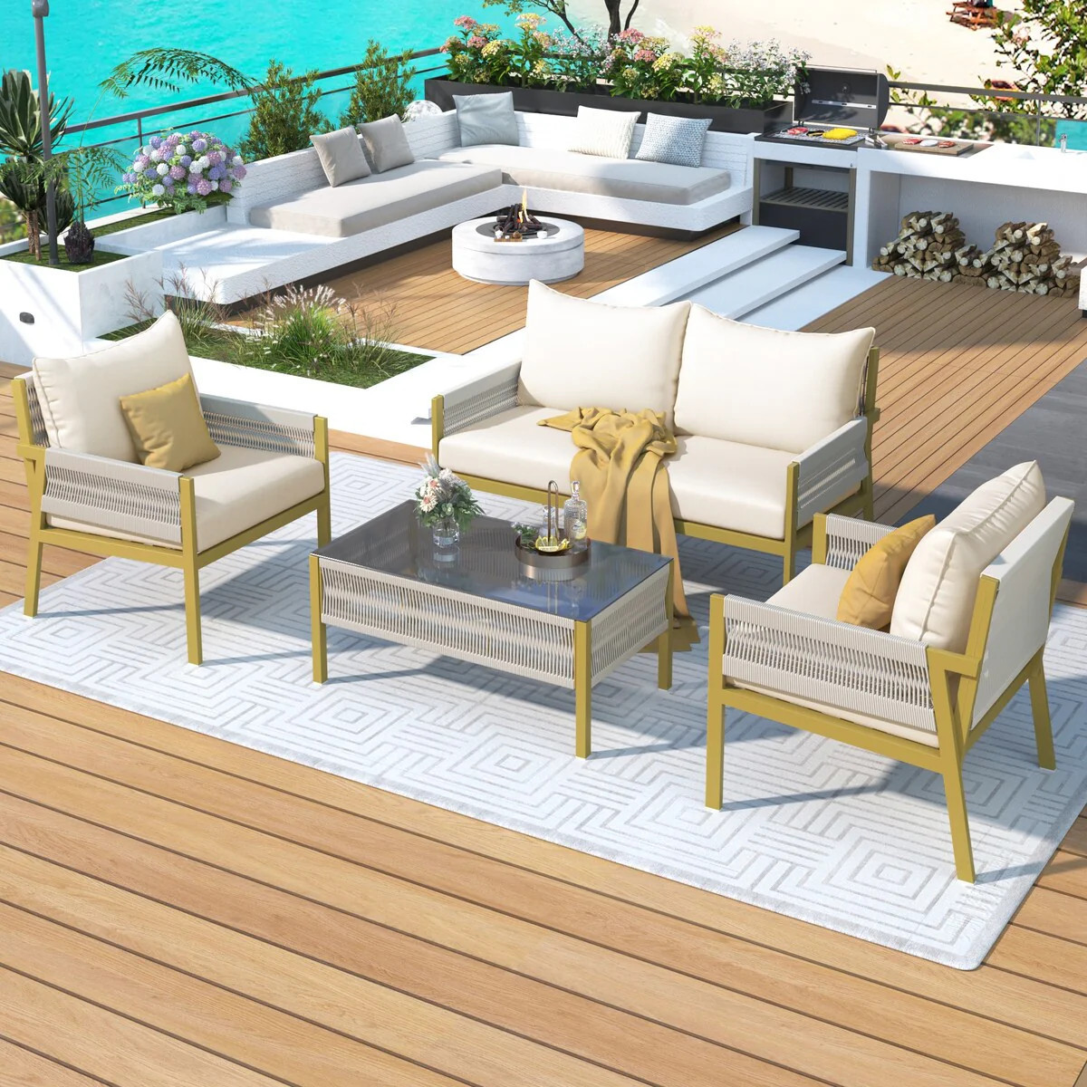 4-Piece Rope Patio Furniture Set,Outdoor Furniture with Tempered Glass | Overstock