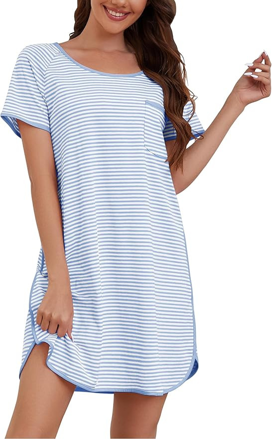 Amazon.com: VibeVista Cotton Nightgowns for Women Summers Striped House Dresses Short Sleeve Crew... | Amazon (US)