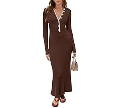 MEROKEETY Women's Long Sleeve V Neck Sweater Dress Button Ribbed Knit Slim Fit Elegant Maxi Dress... | Amazon (US)