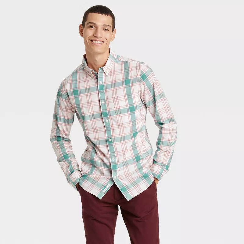 Men's Plaid Slim Fit Long Sleeve Button-Down Shirt - Goodfellow & Co™ Pink/Plaid M | Target